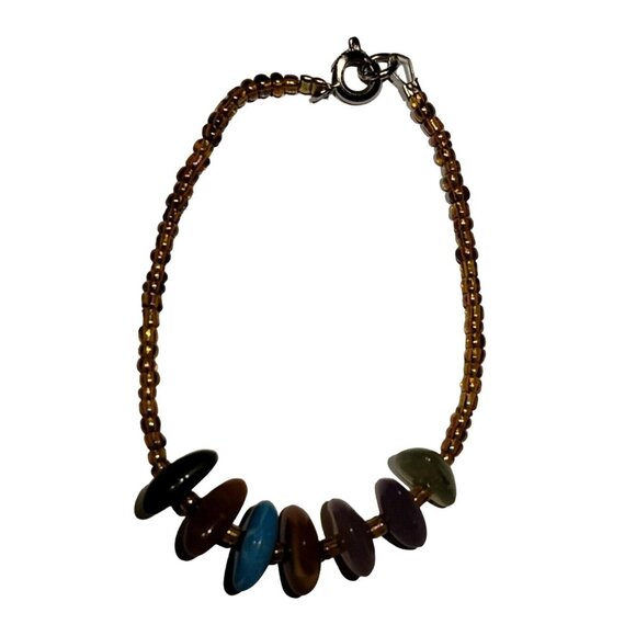 Rainbow Polished Stone Bracelet Vintage 6 inch Girls Gold bead - Picture 2 of 3